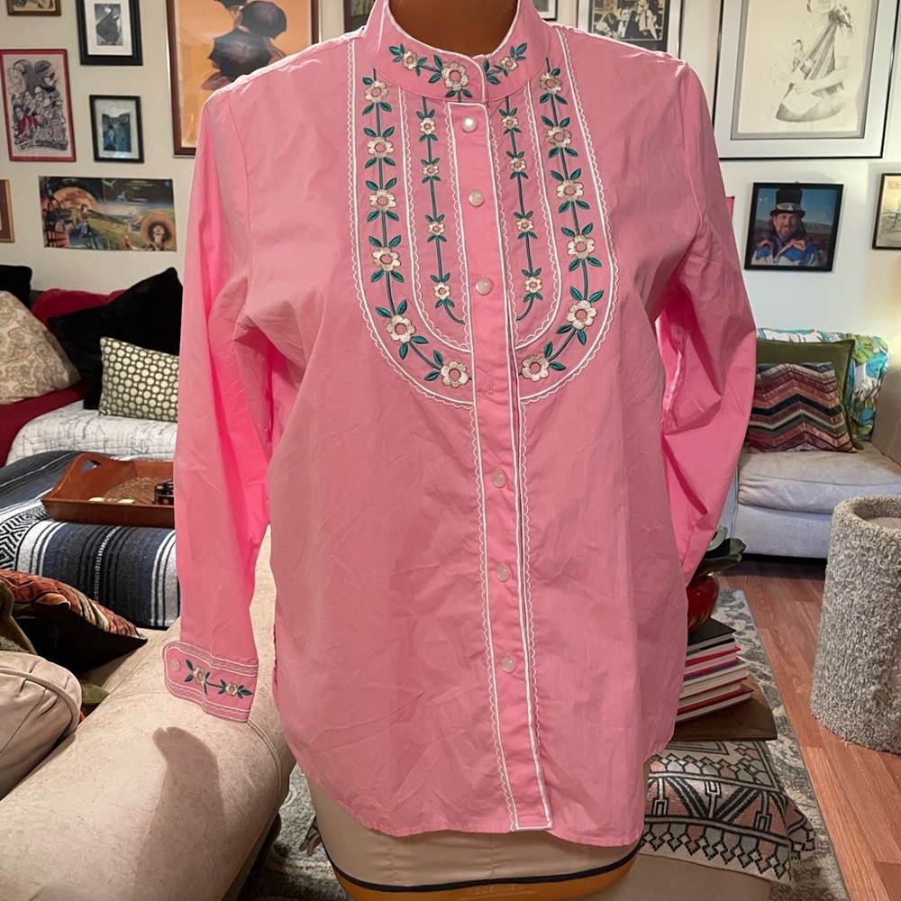 Pink Embroidered Button-Up Shirt